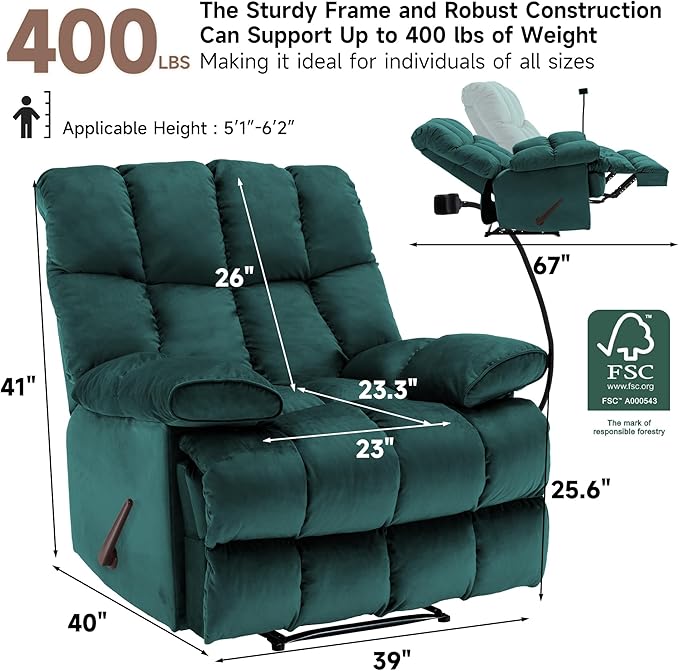 Euthymia Oversized Recliner Chair Big and Tall Recliner Chairs for Adults 400LBS Large Recliner Chair Extra Wide Recliner for Living Room Teal