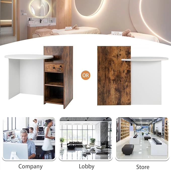 Reception Desk Small Retail Checkout Counter with Lockable Drawer and Open Shelves Wooden Front Desk Reception Counter Oval Desktop &amp L Counter for Store Office Lobby Salon (Brown)