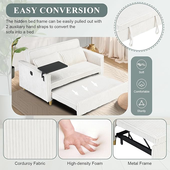 54W Convertible Sleeper Sofa Bed3-In-1 Corduroy Pull Out Couch BedFuton Loveseat Sleeper Couch with Adjustable Backrest &amp USB Ports &amp Side TableRecliner for Office/Living Room/Small Space(