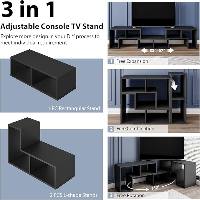 Tangkula 3 Pieces Console TV Stand Free-Combination Entertainment Center for 50 55 60 65 Inch TV Minimalist Modern TV Media Stand DIY Open Storage Bookcase Shelf for Living Room (Black)