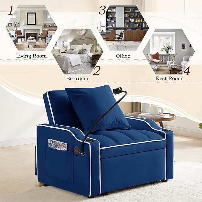 3-in-1 Convertible Sleeper Sofa Bed Chair with Cup Holders &amp Phone Holder Futon Chair Bed with Pull Out Couch Adjustable Backrest Modern Velvet Chaise Lounge Living Room Bedroom (Navy Blue 35.4