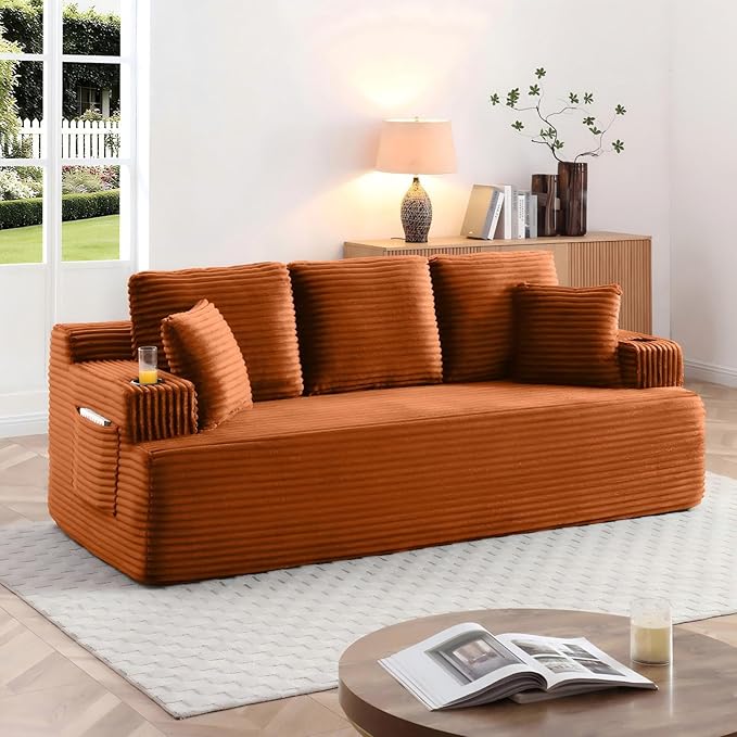 86 Small Cloud Loveseat Sofa in a Box Comfy Corduroy 2-Seater Boneless Couch Modern Deep Seat Sofa for Small Spaces Living Room &amp Apartment No Assembly Required (Orange 86 inch) | Memory Foa