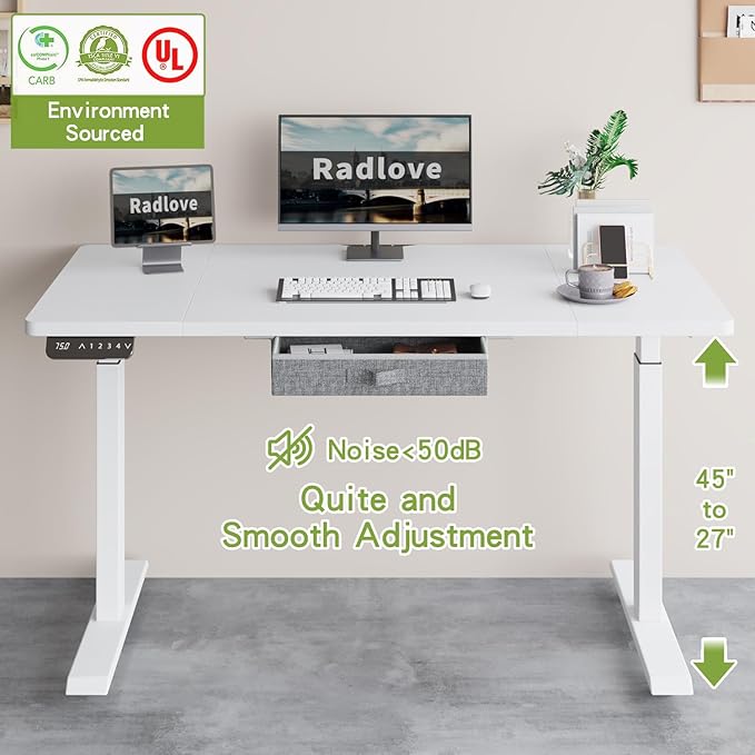 Radlove Dual Motors Height Adjustable 55 x 30'' Electric Standing Desk with Drawer Stand Up Table 4 Memory Keys Computer Desk with Splice Board Home Office Desk White Top + White Frame