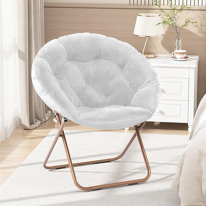 Cozy Saucer Chair Living Room Chair Faux Fur Soft Thick Padded Seat Metal Frame Folding Chair Comfortable Moon Chair for Living Room Bedroom Reading Nook Modern Style 2 Pack White