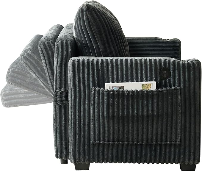 Antetek Pull Out Sofa Bed Futon Convertible Modern Corduroy Loveseat Chaise Lounge Sofa Couch with USB Charging Ports &amp Cup Holders for Guest Room Living Room Bedroom Adjustable Backrest Grey