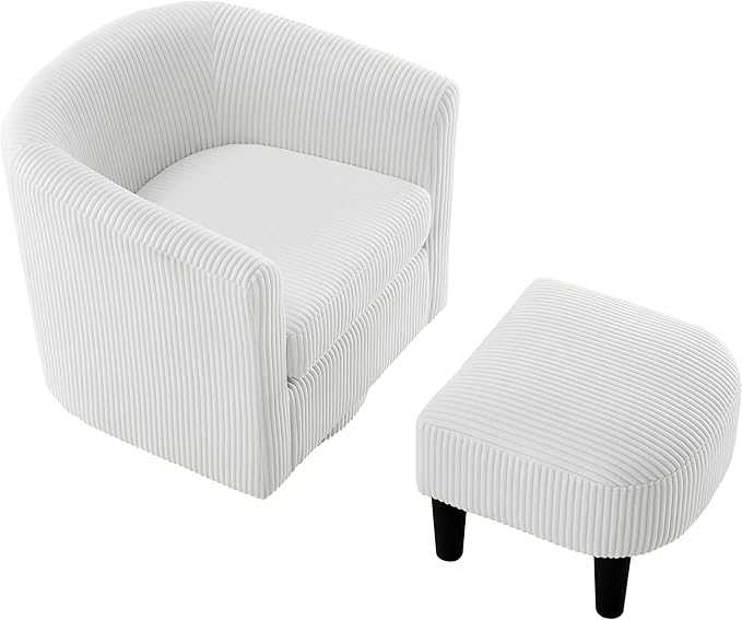 360° Swivel Accent Chair with Ottoman - Comfy Corduroy Recliner Armchair Single Sofa for Living Room &amp Bedroom (White)