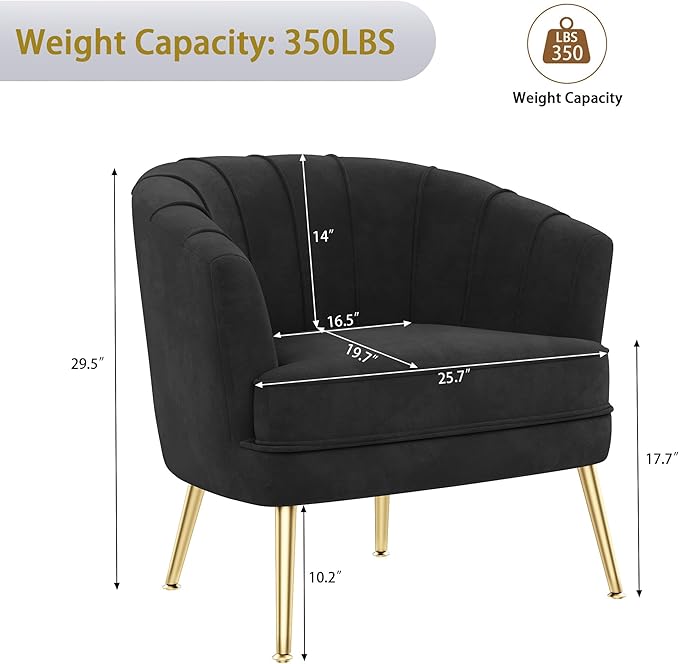 Andeworld Velvet Accent Chair Upholstered Modern Single Sofa Side ChairComfy Barrel Club Living Room Armchair with Golden Metal Legs for Bedroom Living Reading Room Office Black