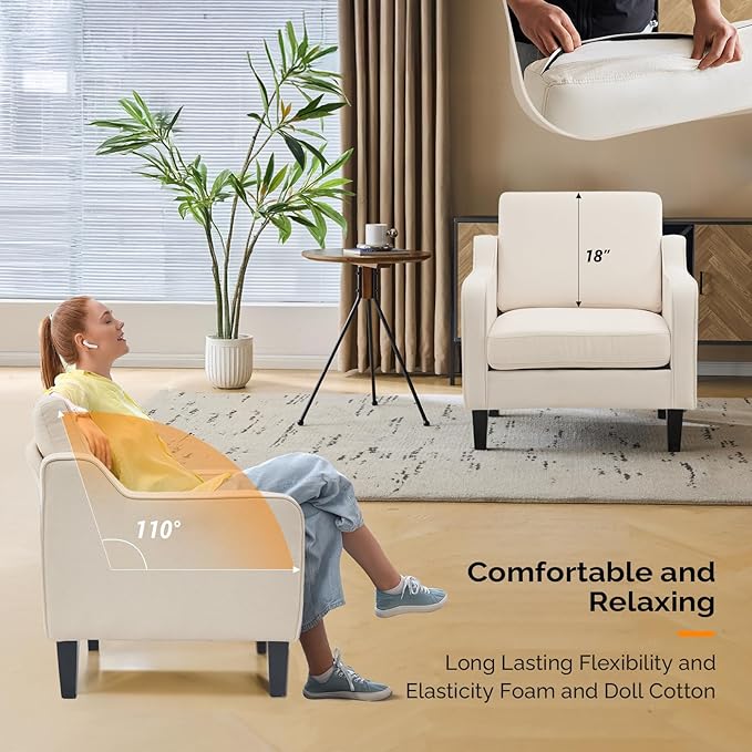 VINGLI Accent Chairs Set of 2 Beige Upholstered Linen Accent Chair for Living Room Bedroom Mid-Century Modern Arm Chair Comfy Reading Chair with Scooped Arms