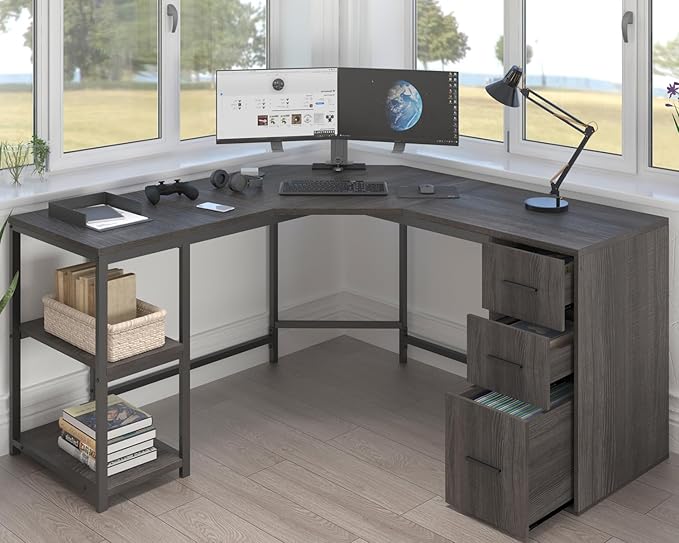 LVB 60 L Shape Home Office Desk with File Drawers Reversible Corner Table Workstation for Work Study Writing Gaming Large Wood Modern L-Shaped Computer Desk with Storage Cabinet Shelves Gray Oak
