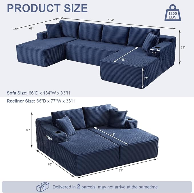 134 U Shaped Boneless Couch with Chaise Oversized Modular Sectional Sofa with Cupholders &amp Storage Corduroy Cloud Couches for Living Room Free Combination No Assembly Required Blue