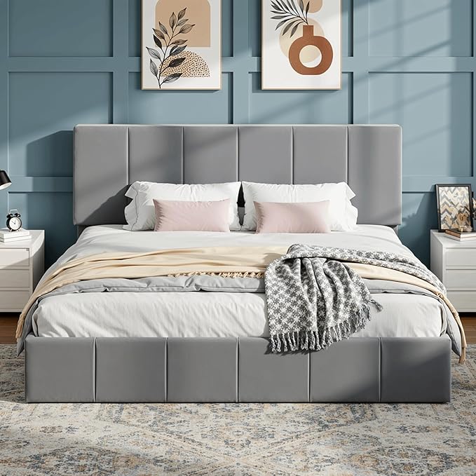SHA CERLIN King Size Bed Frame Velvet Upholstered Platform Bed Vertical Channel Tufted Adjustable Headboard Low Profile Bed Frame No Box Spring Needed Easy Assembly Grey