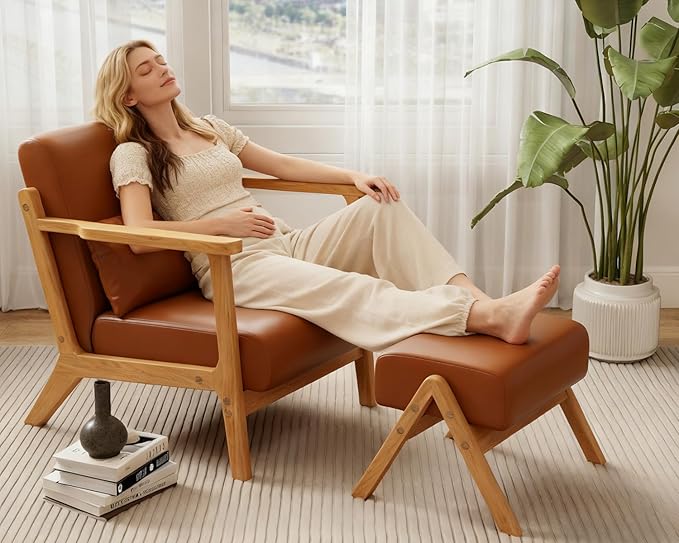 Accent Chair and Ottoman Set Mid-Century Modern Faux Leather Armchair with Solid Wood Frame for Living Room Bedroom Balcony Brown