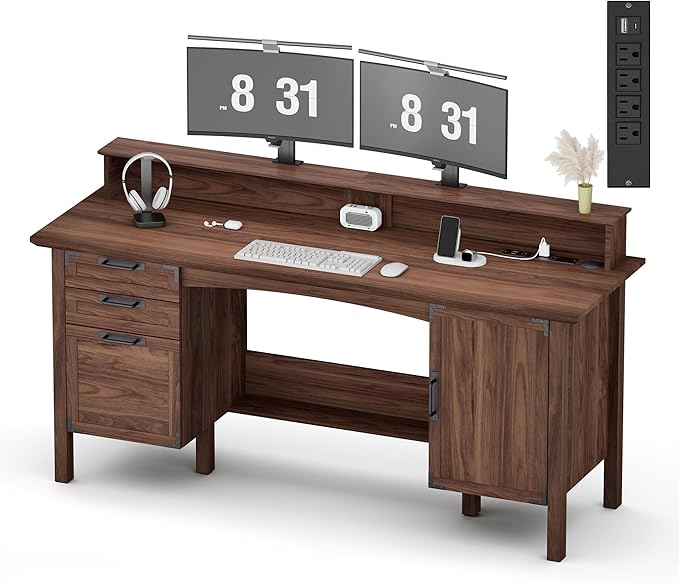Farmhouse Office Desk with Power Outlet &amp Monitor Stand 63'' Home Computer Desk with 2 Drawers File Cabinet Storage Cabinet Executive Desk for Work Study Writing Gaming Walnut