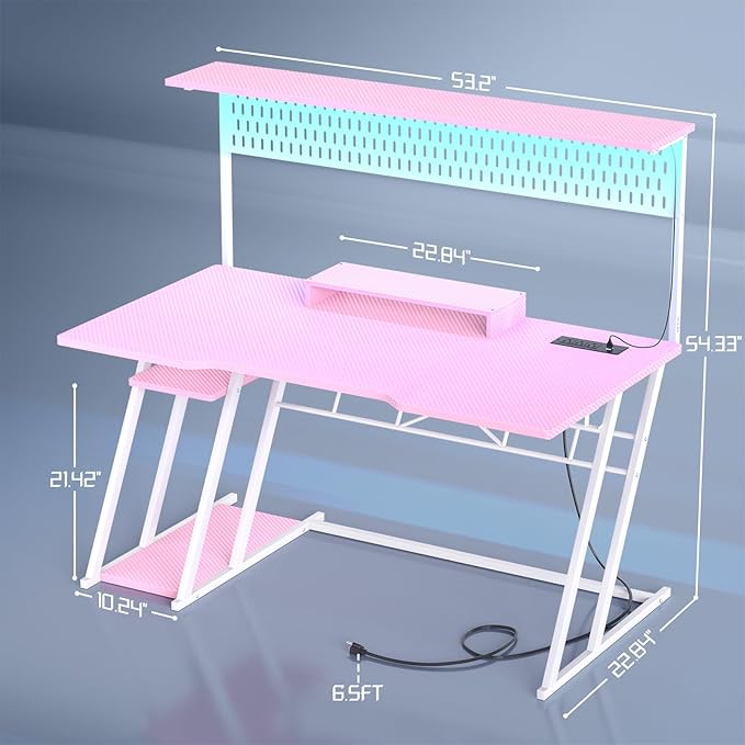 Armocity Pink Gaming Desk with Hutch and LED Lights 53 Computer Desk with Storage Shelves Reversible PC Gaming Desk with Pegboard Gamer Desks for Bedroom Carbon Fiber Surface