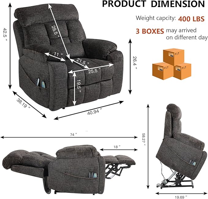 4 Motor Power Lift Recliner Chair for Elderly 400LBS Big Man Oversized Lay Flat Recliner with Massage Heat Zero Gravity Electric Lift Chair Adjustable Headrest Cup HoldersDark Grey