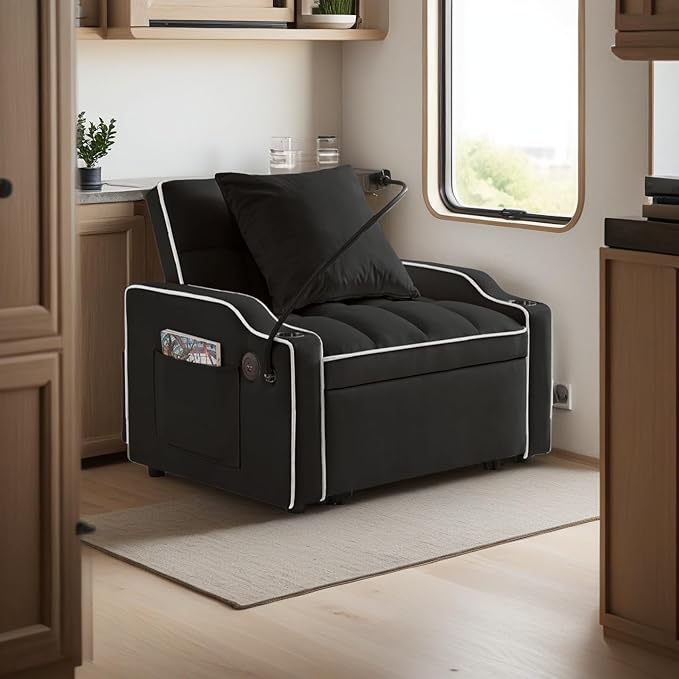 3 in 1 Convertible Sleeper Sofa Bed with Phone Holder 35'' Pull Out Sofa Bed Recliner with Adjustable Backrest Velvet Fabric Sleeper Couch Single Modern Chair for Small Space &amp RV Black