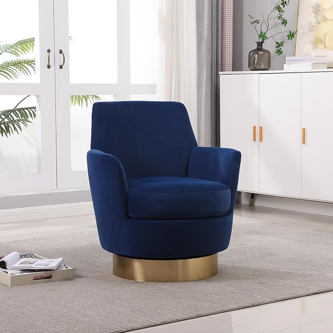 360° Swivel Barrel Accent Chair Comfy Round Accent Chairs with Gold Iron Base &amp Dual-Layer Cushion Modern Lounge Reading Armchair Upholstered Sofa Chair for Living Room Bedroom(Velvet Navy)