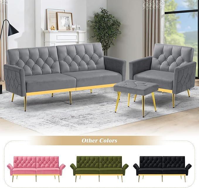 Velvet Sofa Bed w/Adjustable Armrests and Backrests Modern Convertible Sleeper Sofa Tufted Futon Sofa for Bedroom Living Room Apartment Grey
