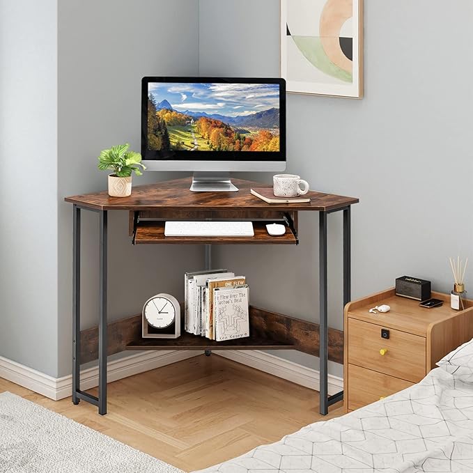 MEDIMALL Triangle Computer Desk Small Corner Writing Table with Power Outlets Keyboard Tray &amp Storage Shelf Strong Metal Frame Home Office Workstation Gaming Desk for Small Spaces Rustic Brow