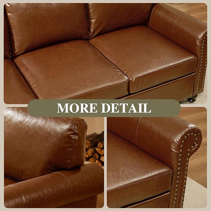 79” Leather Sofa Couch with Storage Mid Century Modern Rolled Arm Couches for Living Room Furniture Nailhead Trim Brown