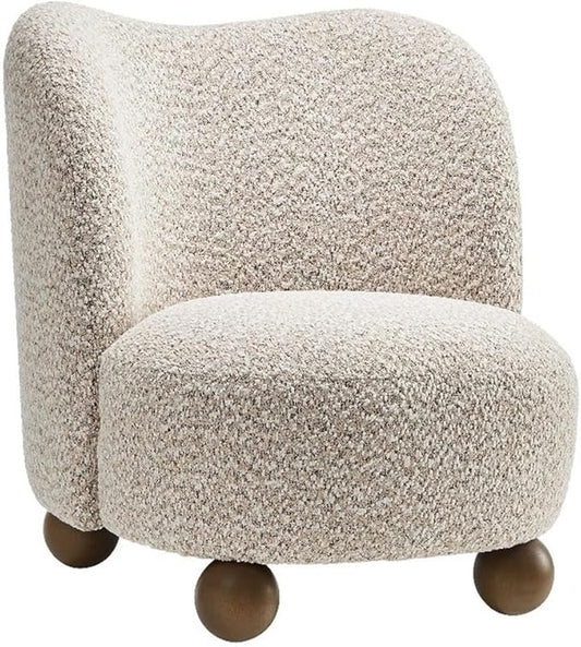 Pemberly Row Boucle Upholstered Accent Chair Coral Fabric Walnut Wood Feet Dense Foam Padding Sinuous Spring Support Low-Profile Barrel Design Mid-Century Style for Living Room or Bedroom
