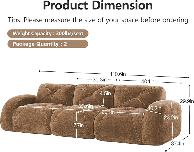 Boneless Couch Sectional Couches for Living Room 110.6'' Cloud Couch with Deep Seat Comfy Soft Velvet Modular Sectional Sofa Modern Oversized 3-Seater Boneless Sofa No Assembly Camel
