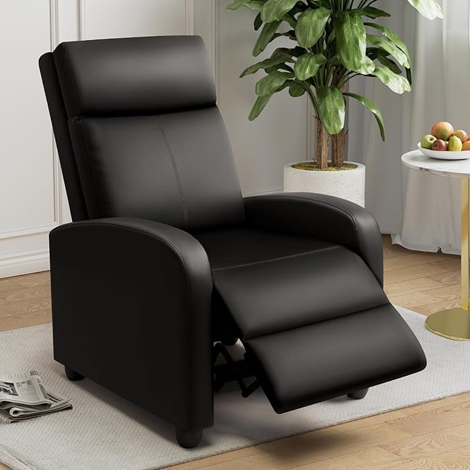 GUNJI Recliner Chair for Adults Modern PU Leather Adjustable Reclining Chair for Living Room Home Theater Seating with Footrest (Black)