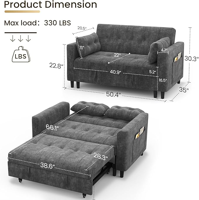 KKL 3 in 1 Convertible Sleeper Sofa Bed Small Pull Out Couch Bed with Adjustable Backrest Chenille Loveseat Couches with Side PocketFuton Sofa Beds Couch for Living Room Bedroom(Dark Grey)
