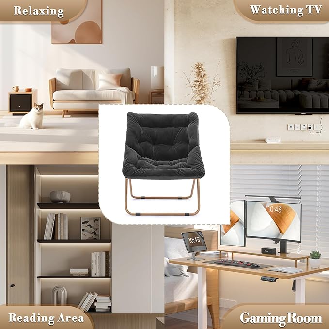 Athena Collection Comfy Saucer Chair and Ottoman Set for Adult Comfortable Faux Fur Square Oversize Folding Reading Chair with Metal Leg Lazy and Cozy for Bedroom Living Room Black