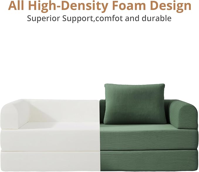 4-in-1 Folding Convertible Sofa Bed 78 Inch Oversized Corduroy Loveseat Sleeper with Pull Out Bed Boneless Futon Couch for Living Room Bedroom No Assembly Needed Green