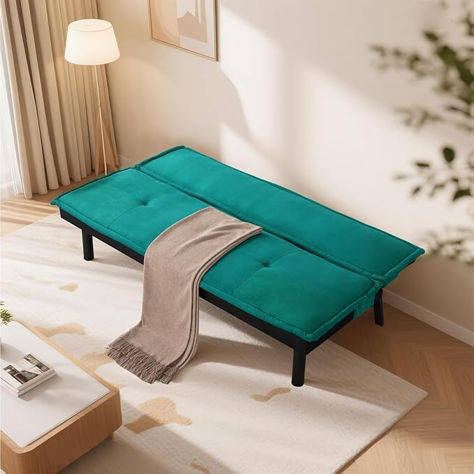 Futon Sofa Bed Couch 64.6 Convertible Sleeper Sofa with 5 Positions Adjustable Backrest Velvet Couch Bed with Solid Wood Frame for Home Office Living Room Guest Dorm Green