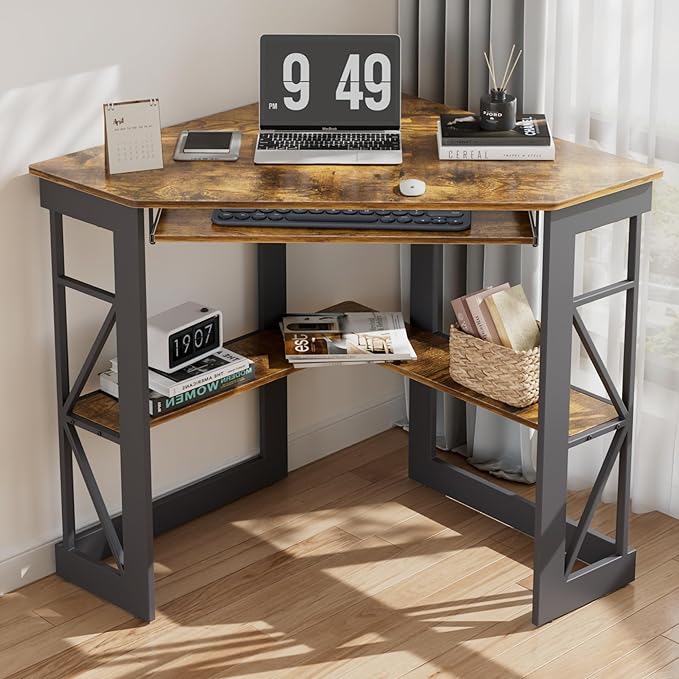 VECELO Corner Desk Computer Desk Writing Table with Smooth Keyboard Tray &amp Storage ShelvesCompact Home Office Triangle TableAntique Brown