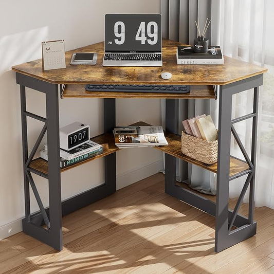 VECELO Corner Desk Computer Desk Writing Table with Smooth Keyboard Tray &amp Storage ShelvesCompact Home Office Triangle TableAntique Brown