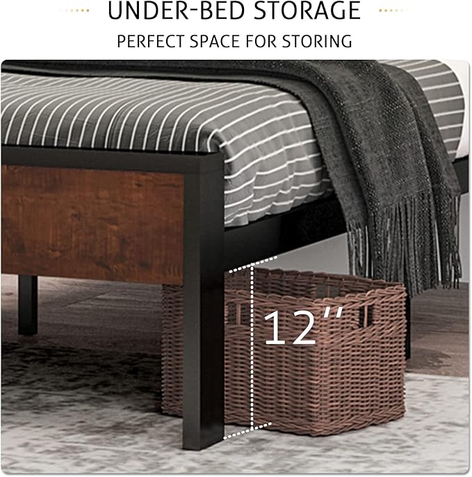 SHA CERLIN 14 Inch Queen Size Metal Platform Bed Frame with Wooden Headboard and Footboard Mattress Foundation No Box Spring Needed Large Under Bed Storage Non-Slip Without Noise Mahogany