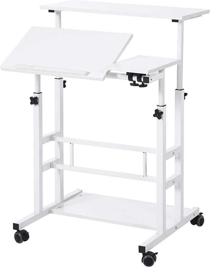 UNICOO Portable Standing Desk on Wheels Height Adjustable Mobile Workstation Versatile Sit-Stand Desk for Home Office (White Frame/White Top)