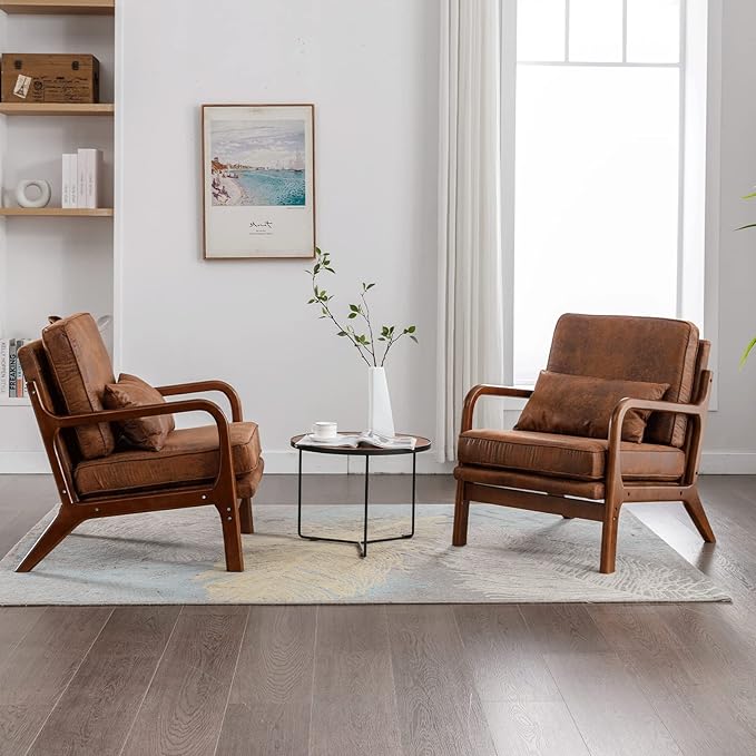 Brown Leather Accent Chairs Mid Century Modern Living Room Chairs Sillas De Sala Solid Ruberwood Arm Chair for Livingroom Bedroom Office Comfy Reading Lounge Decorative Side Sitting Chair