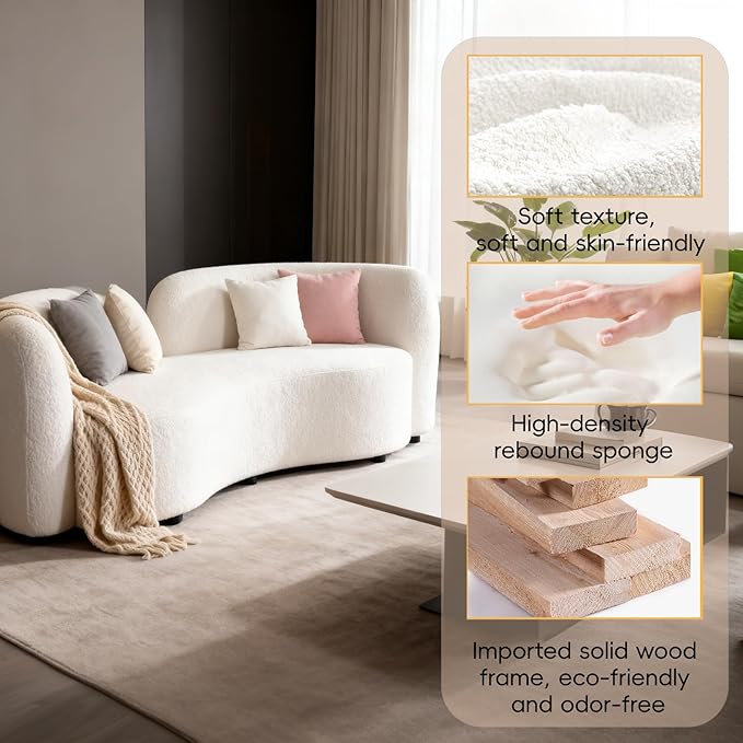 Curved couches for Living Room 2-Seat Luxury Couch 68'' Solid Wood and High-Density Foam Lamb Fleece for Small Space Bedroom Apartment Home Office White