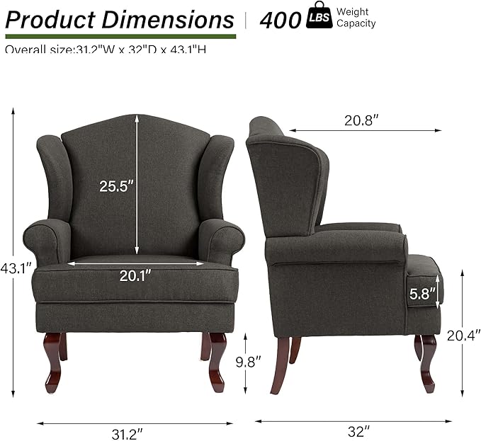 Accent Chair High Back Upholstered Armchair with High Resilience Sponge &amp Wood Legs Mid-Century Modern Comfy Single Sofa Reading Chairs for Living Room Bedroom (Dark Grey Set of 1)