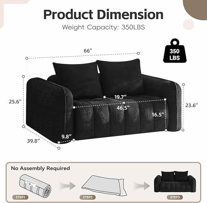 66 Loveseat Sofa Cloud Boneless Couch for Living Room Upholstered Compressed Sofa Deep Seat Corduroy Sofa with 2 Pillows &amp Armrests for Small Spaces for Bedroom Apartment Office Black