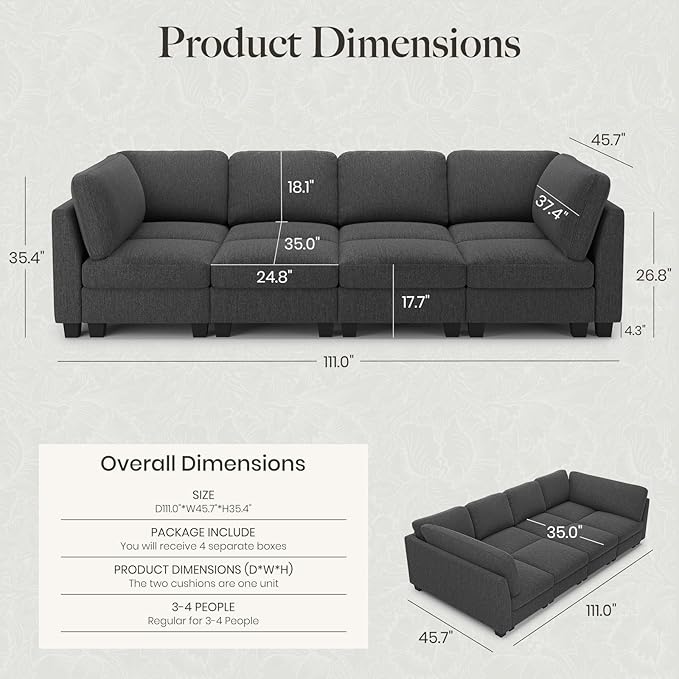 Belffin 111 Sectional Sleeper SofaOversized Sectional Couch Wide Deep Seat Sofa BedModular Sectional Couches for Living RoomApartment and BedroomDark Grey