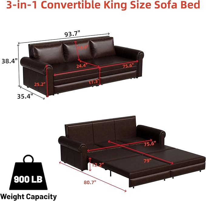JOYBASE Pull Out Sofa Bed King-Size Convertible Sleeper Sofa Modern 3-Seater Faux Leather Couch with Nailhead for Living Room Office Apartment (Dark Brown)