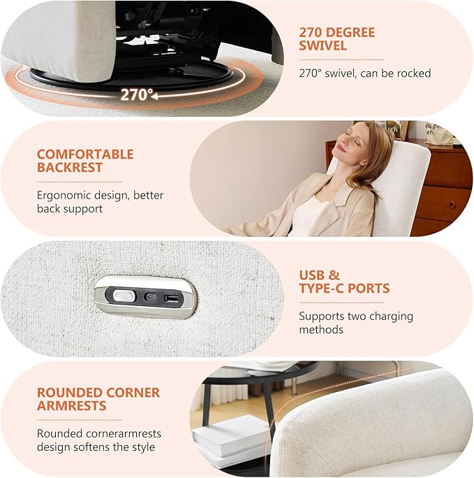 Power Recliner Chair Swivel Rocker Recliner w/USB &amp Type-C Charging Ports Chenille Upholstered Swivel Rocker Glider Recliner for NurseryLiving Room Bedroom 1PC Cream
