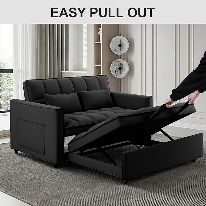 3 in 1 Pull Out Sofa Bed 52.75 Sleeper Sofa Bed with 3-Level Adjustable Backrest Velvet Fabric Loveseat Sleeper Couch for Living Room &amp Bedroom &amp Apartment &amp Dorm Furniture Black