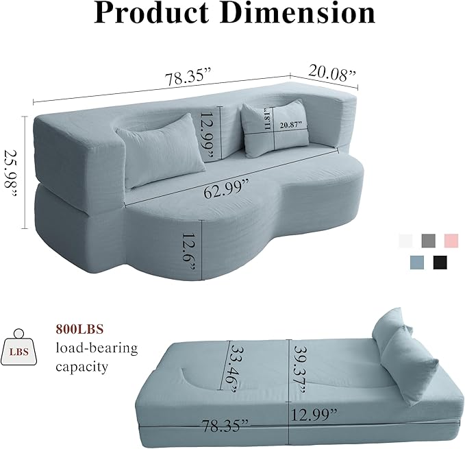 2-in-1 Folding Convertible Sofa Bed - 78 Inch Boneless Teddy Loveseat Sleeper Foldable Floor Futon Couch with Pillow Pull-Out Modular Matress for Small Spaces (Living Room/Bedroom/Dorm) (Blue)