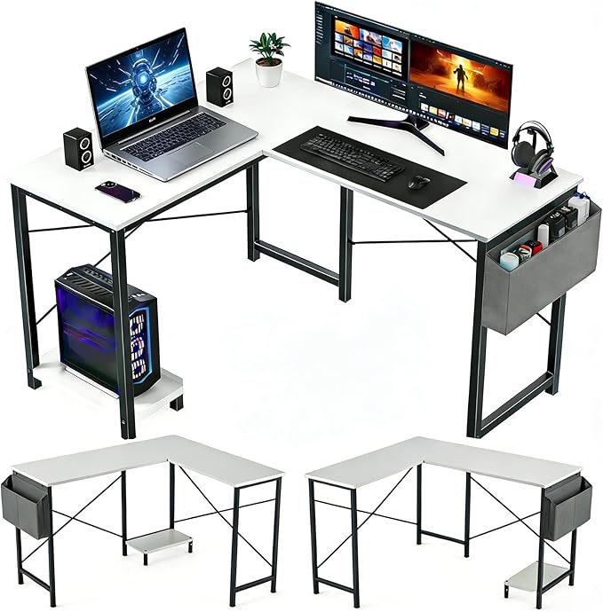 L-Shaped Home Office Computer Desk Gaming Desk with CPU Stand Shelf and Hanging Storage Pocket Corner Student Study Writing Table Sturdy Metal Frame 43.3 D x 50 W Classic White