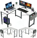 L-Shaped Home Office Computer Desk Gaming Desk with CPU Stand Shelf and Hanging Storage Pocket Corner Student Study Writing Table Sturdy Metal Frame 43.3 D x 50 W Classic White