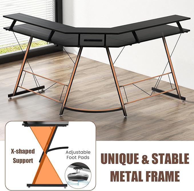 Giantex L Shaped Computer Desk with Power Outlet 51 Corner Computer Desk with Monitor Stand and Reversible Keyboard Tray Modern Gaming Desk with Hook Home Office Desk Workstation (Black)