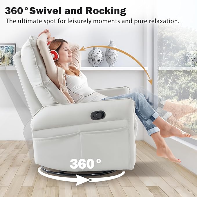 cinehome Swivel Rocker Recliner Small Rocker Recliner Chairs for Adults Overstuffed Faux Leather Manual Recliner Glider Recliner 360 Swivel Recliner Chair for Living Room