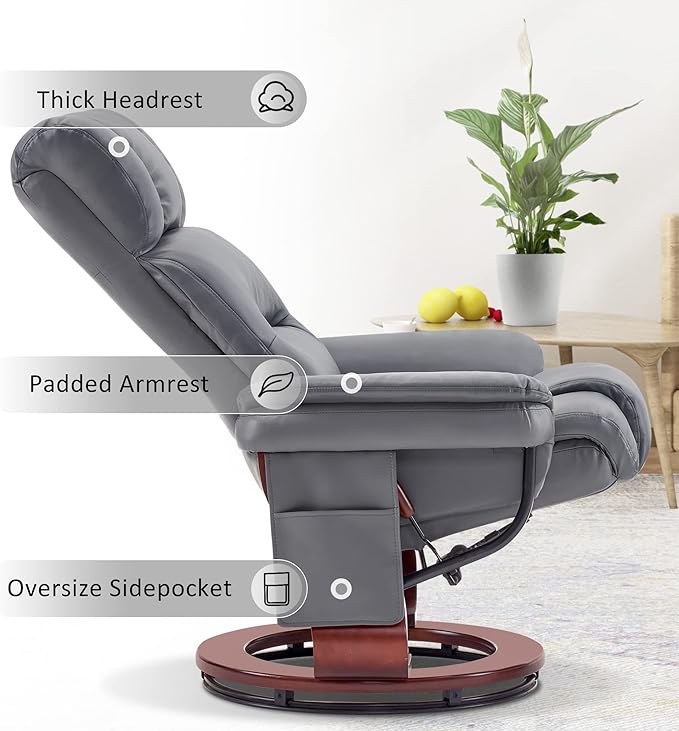 MCombo Swivel Recliners with Ottoman Reclining TV Chairs with Vibration Massage Faux Leather Ergonomic Lounge Chair for Living Room Bedroom 4832 (Grey)
