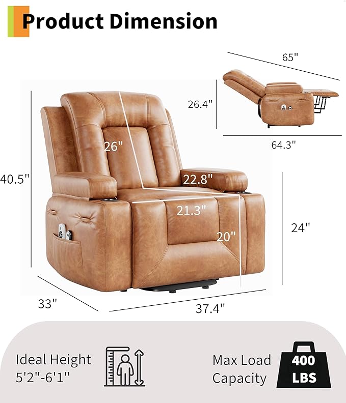 GarveeHome Power Lift Recliner Chair - Heat and Massage PU Leather Electric Lift Recliner for Elderly &amp Mobility Impaired Adjustable Back and Legs Heavy Duty Lift Chair for Seniors